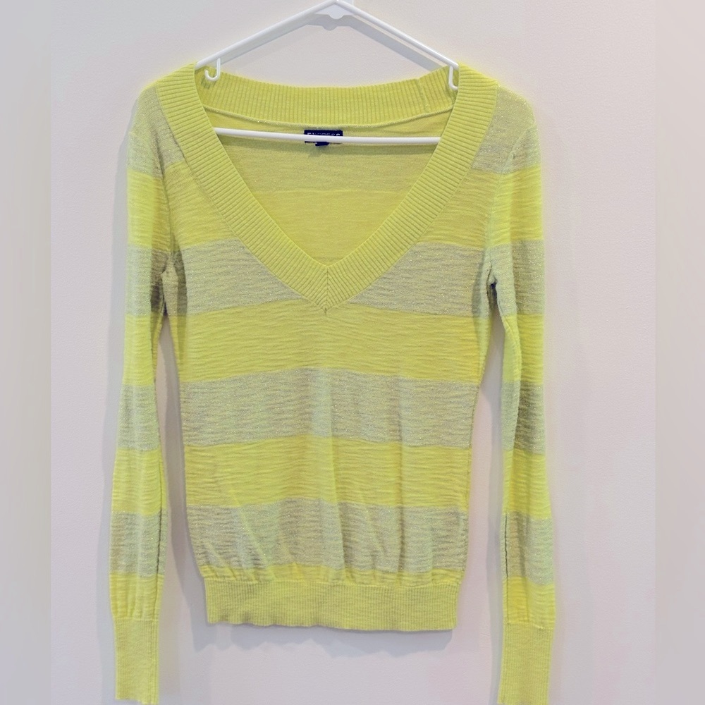 Express Lime Green and Gray Striped Long Sleeve Top